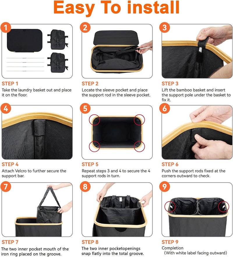 Garprovm Double Laundry Hamper with Lid 150L Large Laundry Basket with Bamboo Handles Foldable Clothes Hampers with 2 Removable Liner Bags for Laundry for Bedroom, Bathroom, Dorm, Laundry Room,Black