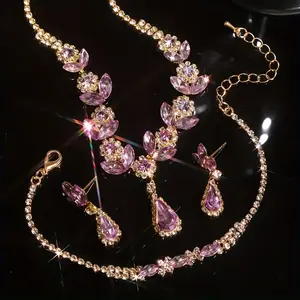 Elegant 3Pcs Rhinestone Floral Jewelry Set - 42-48cm Adjustable Teardrop Crystal Petal Necklace, Earrings, Bracelet Kit, Hypoallergenic, Comfortable Fit, Camera-Ready Statement Jewelry for Wedding, Prom