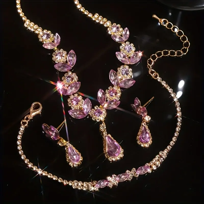 Women's 3-Piece Rhinestone Jewelry Set - Elegant Floral Teardrop Crystal Necklace (42-48cm Adjustable), Earrings & Bracelet, Hypoallergenic Bridal Era Statement Piece with Bling Effect for Wedding & Prom, Rhinestone Jewelry Sets, Camera-Ready, Comfortable