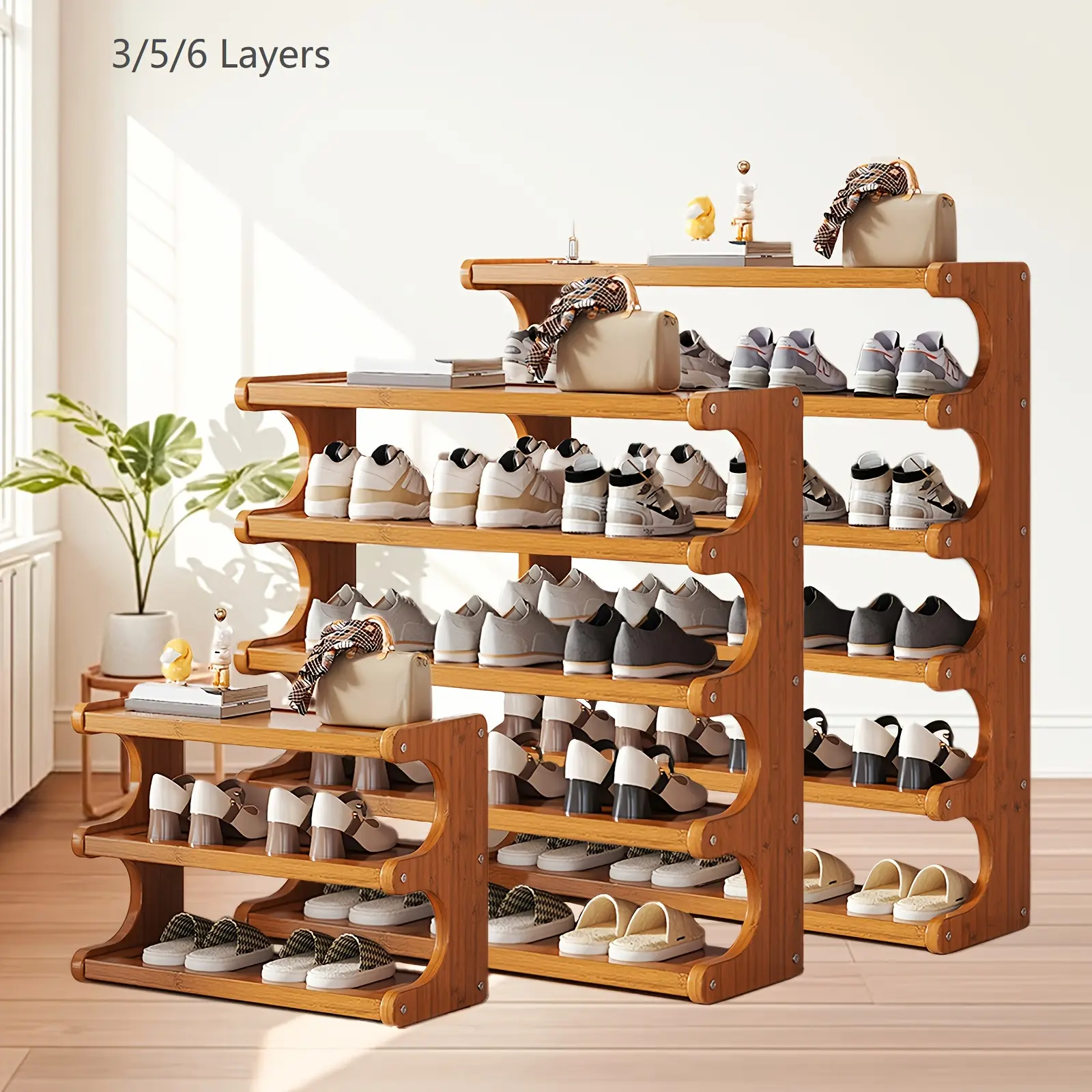 Bamboo Wood Multi-Layered Shoe Rack, 3/5/6 Layers Freestanding Storage Rack with Wood Grain Ends, Space-Saving Organizer for Dorms & Entryways, Easy Assembly, Brown, Holiday Gift