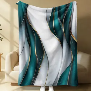 Teal Gold Abstract Fluid Art Blanket, Modern Marble Wave Flannel Throw Blanket, HD Digital Print Soft Warm Blanket, Lightweight Cozy Gift Blanket for Bedroom Living Room Couch Travel Camping