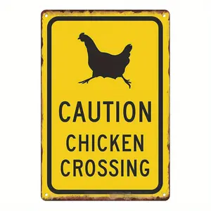 Vintage Retro Black-Yellow Caution Chicken Crossing Metal Tin Sign, Lightweight Decorative Aluminium Wall Plaque (7.9x11.9in, 1-Count Value Pack), Home Decor for Kitchen Farmhouse, Ideal Gift