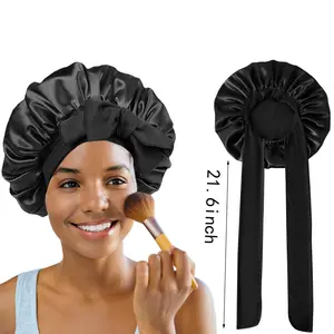 Silk Bonnet Satin Bonnet for Sleeping Large Bonnets with Tie Band Hair Wrap Adjustable Straps Hair Cap for Women Curly Black Elastic Haircare Smooth