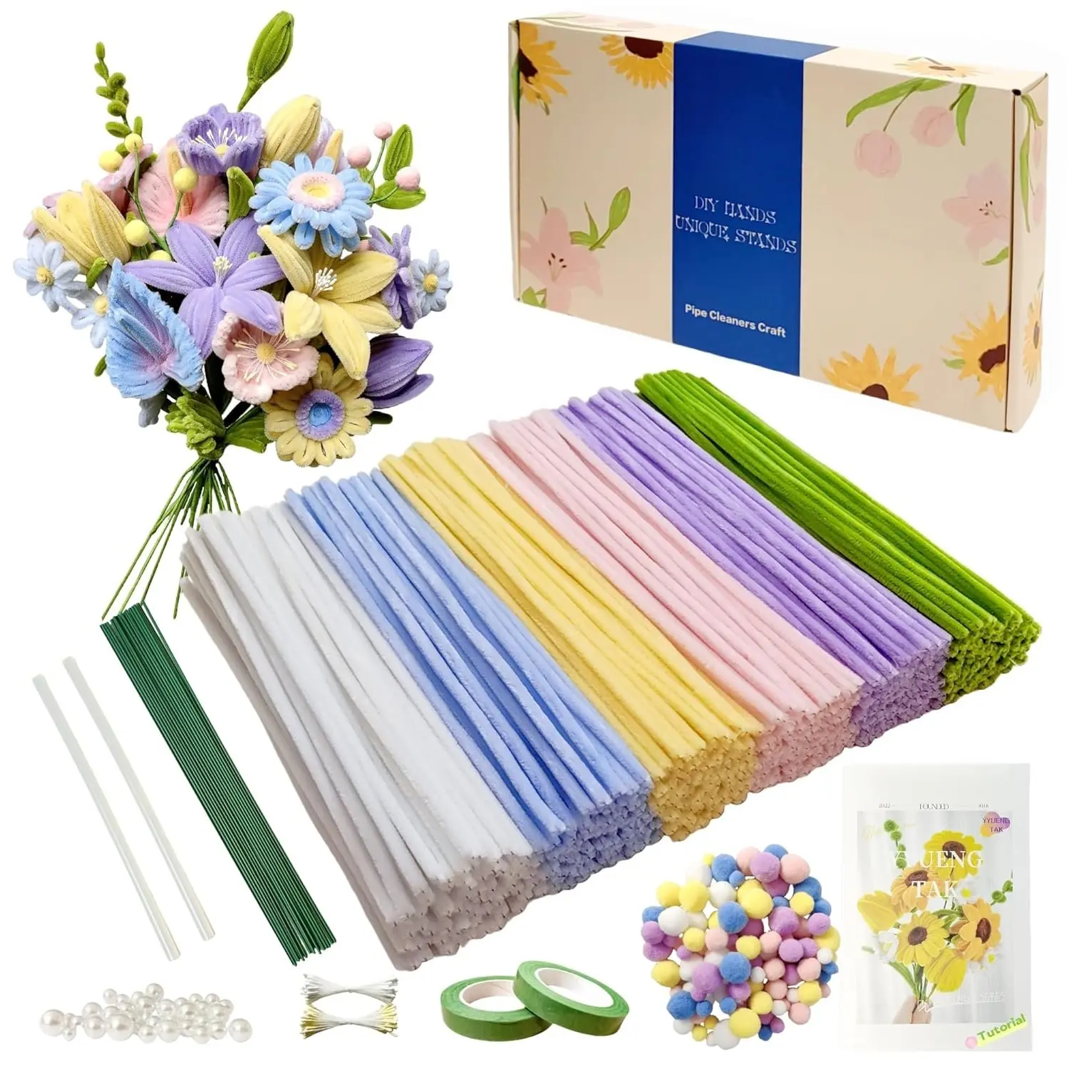 500 count Pipe Cleaner Flower kit with tutoria,Pipe Cleaners Craft(6 Colors),Chenille Stems  Craft kit with 20 count Green Floral Wires,Gardening Tape,Stamen(2 Colors), Beads,pompoms