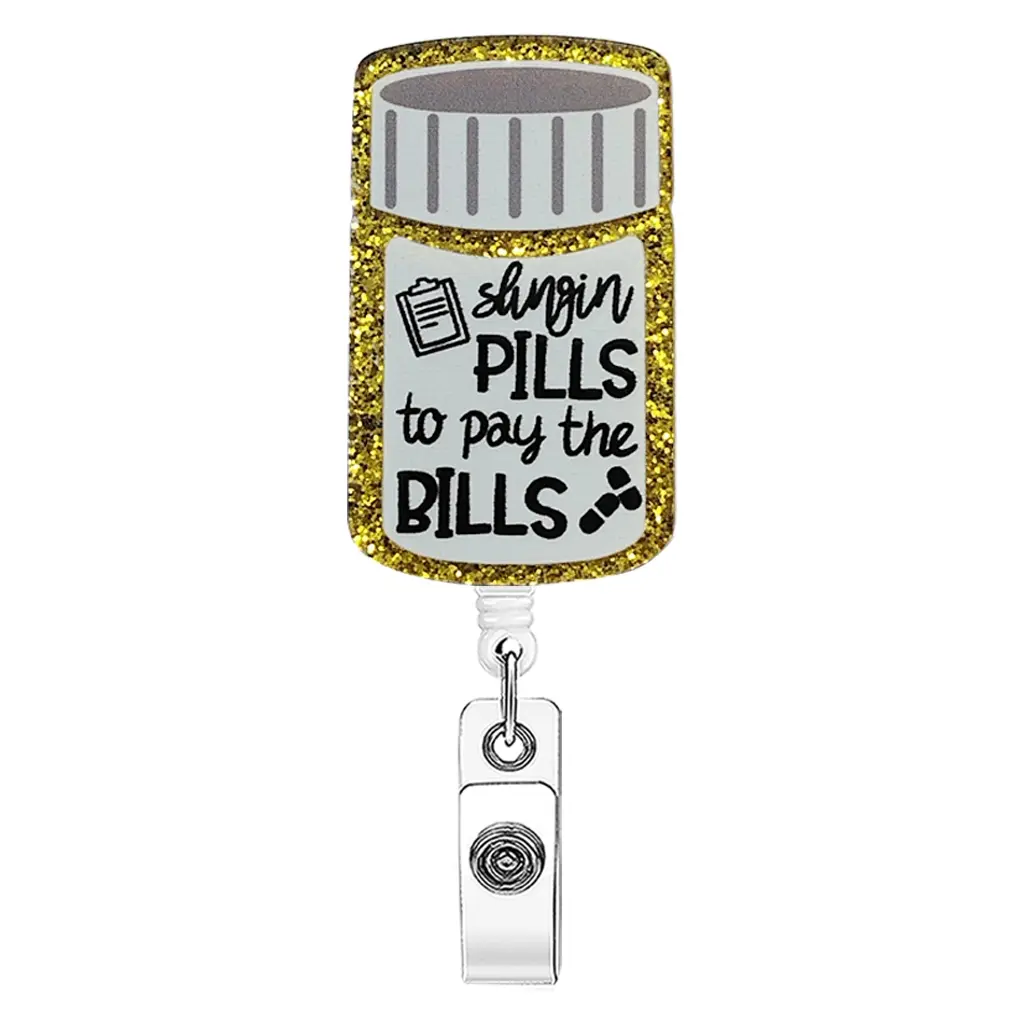 1pc badge scroll, glitter potion bottle acrylic ID badge scroll, with the interesting slogan "Paying bills by dispensing medicine", an exclusive workplace item for pharmacists, medical badge holder, practical, eye-catching and full of wit! Badge Holder