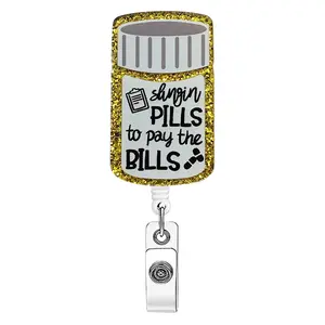 1pc badge scroll, glitter potion bottle acrylic ID badge scroll, with the interesting slogan "Paying bills by dispensing medicine", an exclusive workplace item for pharmacists, practical, eye-catching and full of wit! Badge Holder