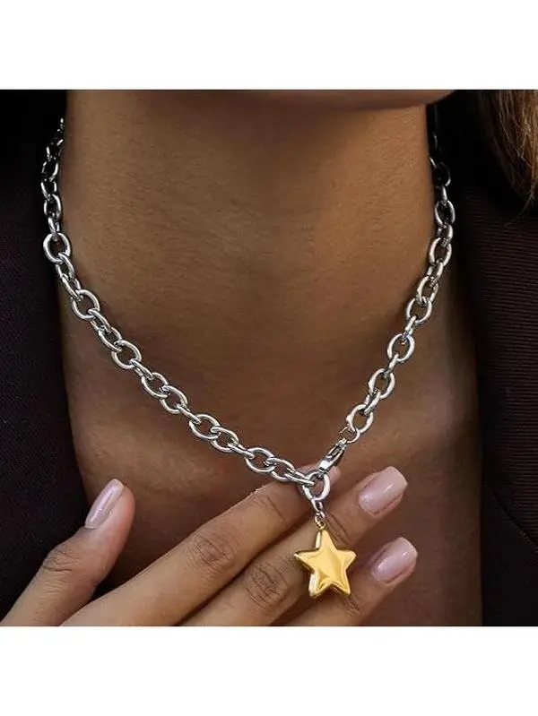 Veliora Gift B Chunky Star Necklace Purffy Gold Star Necklaces for Women Statement Necklace Thick Chain OT Toggle Necklaces Large Pendant Fashion Jewelry Gift