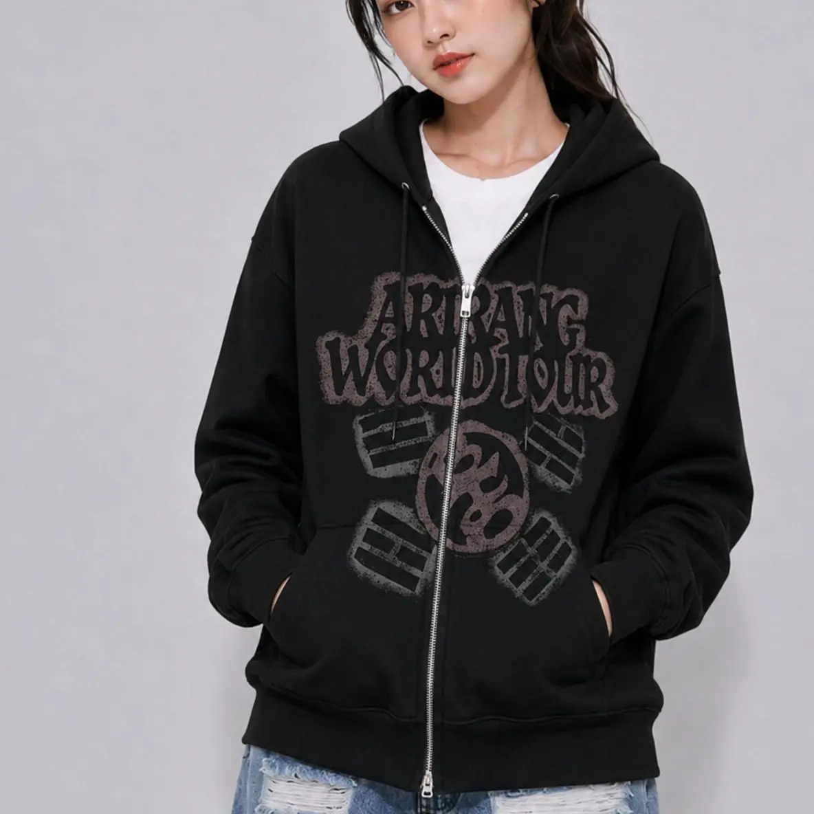 Retro ARIRANG Kpop Hooded Zip Sweatshirt, 2026 Kpop Tour Merch, Hoodie Zip Concert Outfit, Hooded Sweatshirt With Front Pocket, Casual Daily Streetwear, Zip Hoodie, Trendy Graphic Hoodies, Hooded Top