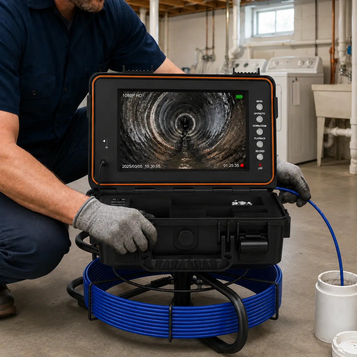 Car Sewer Drain Inspection Camera, HD Self-Leveling Waterproof 1080P with 9-in IPS Screen, 100ft 7mm Cable, Meter Marking, DVR Recorder, 32GB SD Card, 5100mAh Battery for Automotive Pipe Inspections, Video Recording