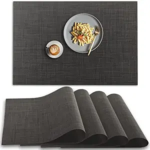 4pc Solid Color PVC Woven Non-Slip Heat-Resistant Washable Table Mats, Rectangular Insulated Dining Mat, Western Waterproof Plate Mat, Home Decor