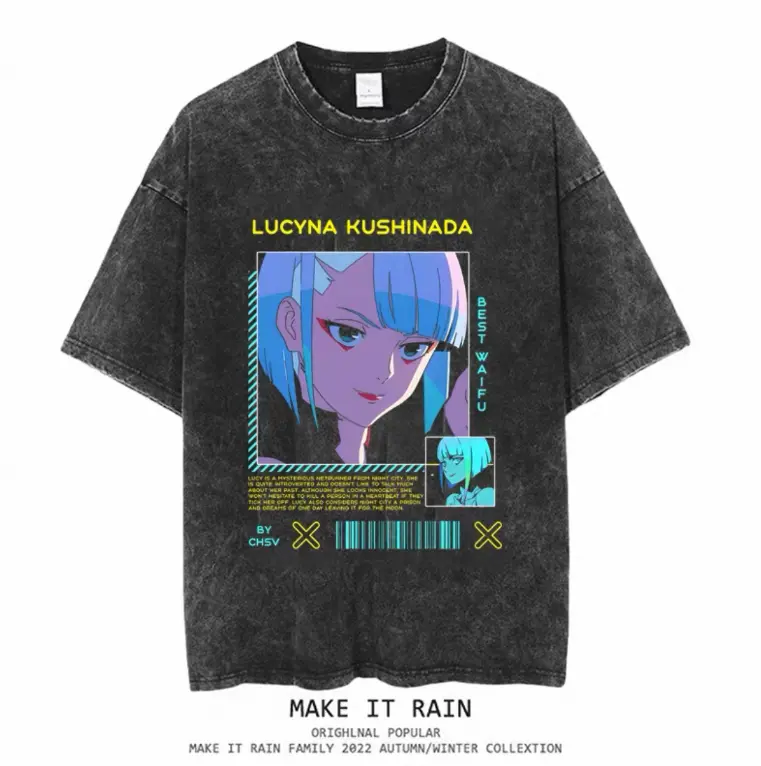 Lucyna Kushinada Cyberpunk Edgerunners Graphic T-Shirt Vintage Acid Wash Oversized Anime Tee
