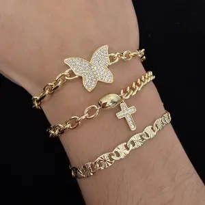 Women Charm Bracelet 14k Gold Plated Paperclip Butterfly Cross Charm Bracelets