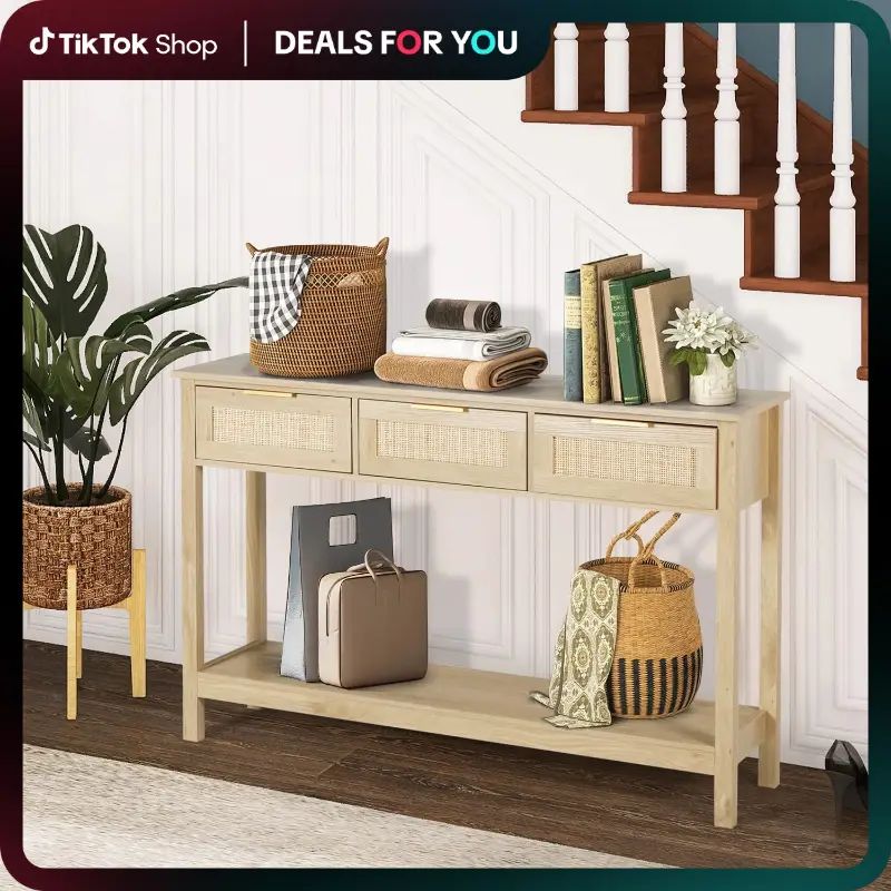[Dealsforyoudays] Rattan Entryway Table,Boho Rattan Console Table - Narrow Entryway Design with 3 Drawers Modern Narrow Table| TikTok Popular!Rattan S