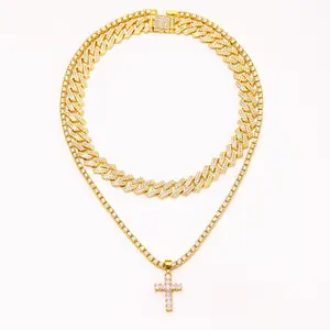 Hip Hop Jewelry Double-Layer Necklace Set - Alloy Cuban Chain with Zircon Cross Pendant Fashion Accessories