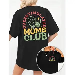 Graphic tee Women's Overstimulated Moms Club Round Neck Graphic Tee, Vintage Trendy Casual Short Sleeve T-shirt for Daily Wear, Ladies Summer Outfit, Top