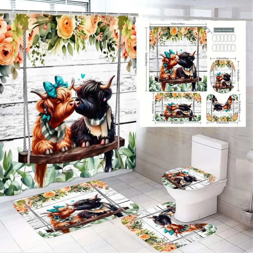 1/4pcs Highland Cow Farmhouse Bathroom Decor Set, Farmhouse Shower Curtains For Bathroom, Shower Curtain with Wooden Swing, Floral Bath Mat, U-Shaped Toilet Mat, Lid Cover for Cozy Rustic Vibe - Spring Refresh!