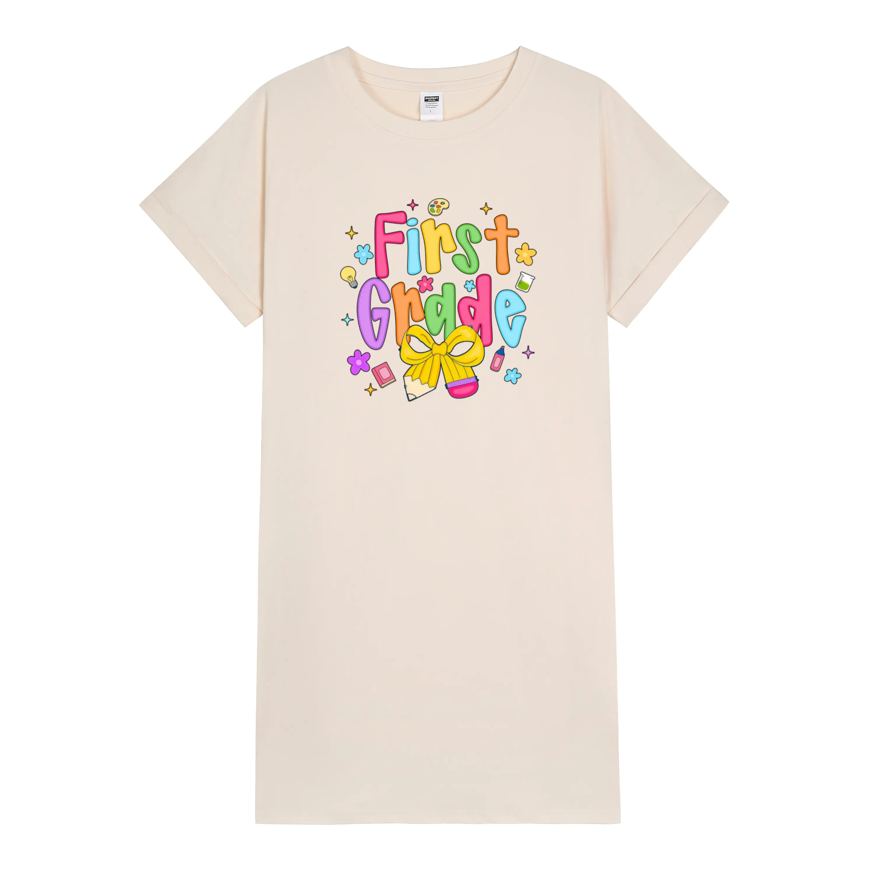 Women's First Grade Teacher T-Shirt Dress – Colorful Confetti & Bows Print, Soft Lightweight Crew Neck, Perfect for Teacher's Day and Graduation Gifts Casual Essential