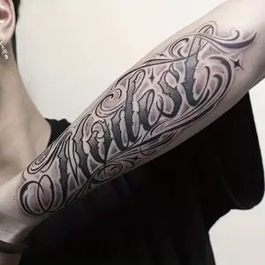 6 Large Herbal Tattoo Stickers, Including: Chicano Font Element Style and 5 Random Styles, Lasts 7-15 Days, Waterproof and Anti-Friction, Realistic Effect, Suitable for Those Who Don't Want Tattoo Pain