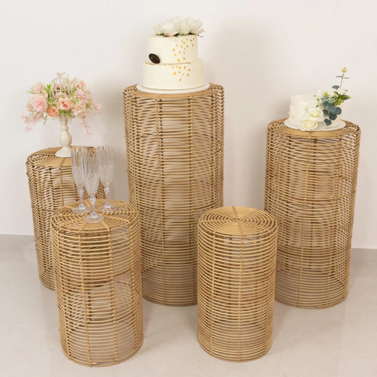 5-Piece Multi-Size Natural Woven Rattan Cylinder Pedestal Set - Boho Chic Side Table, Party Cake Stands, Plant & Artwork Displays, Event Decor (20in,21in,24in,29in,36in), Cake Stands For Party, Decoration