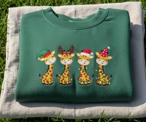 Christmas Giraffe Sweatshirt | Cute Holiday Embroidered Crewneck | Festive Animal Sweater | Christmas Lights Embroidery | Cozy Winter Gift Cotton Everyday