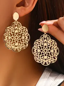 Stylish Women's Drop Earrings, Metal Water Drop Shape with Hollow Floral Pattern, Ideal for Daily Use, Vacations & Parties, Great Gift Option