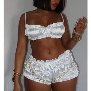 Women's Solid Frill Trim Crop Cami Top & Ruched Shorts Two-piece Set, Adjustable Strap Camisole & Shorts Satin Set, Women's Clothes for Summer, 2 Piece Sets Women, Downtown Girl Clothes, Going Out Sets, Summer 2 Piece Set