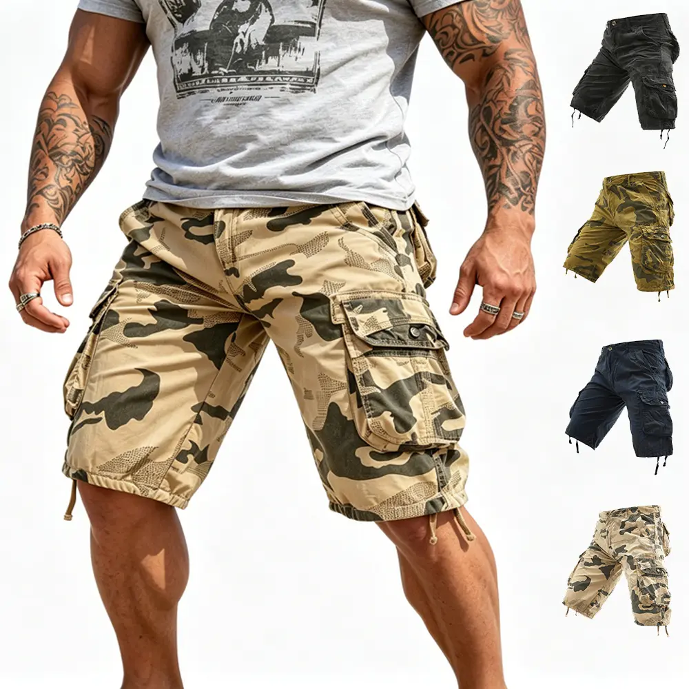 Men’s camouflage pure cotton cargo shorts with multiple pockets—functional workwear shorts for outdoor activities and commuting; comfortable, trendy, versatile mid-thigh cargo shorts.