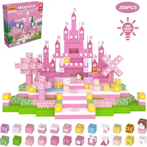 200Pcs Magnetic Tiles, DIY Castle Pink Castle, 3 Glow Magnetic Blocks, Strong Magnets,Sturdy Build, STEM Montessori Sensory Toy, Gift For Kids Ages 3-12