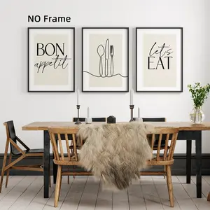 3Pcs/Set Unframed Trendy Bon Appetit, Lets Eat, Canvas Posters, Kitchen Decor, Dining Room Wall Art, Kitchen Quotes, Aesthetic Room Decor, Artistic Waterproof Canvas, Artwork Wall Painting For Gift, Home And Dormitory Decoration