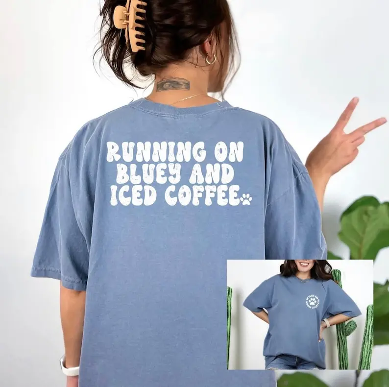 Running on Bluey and iced coffee tshirt