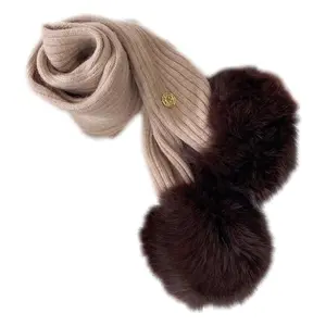 Misha Ribbed Angora Scarf Brown Fur Poms