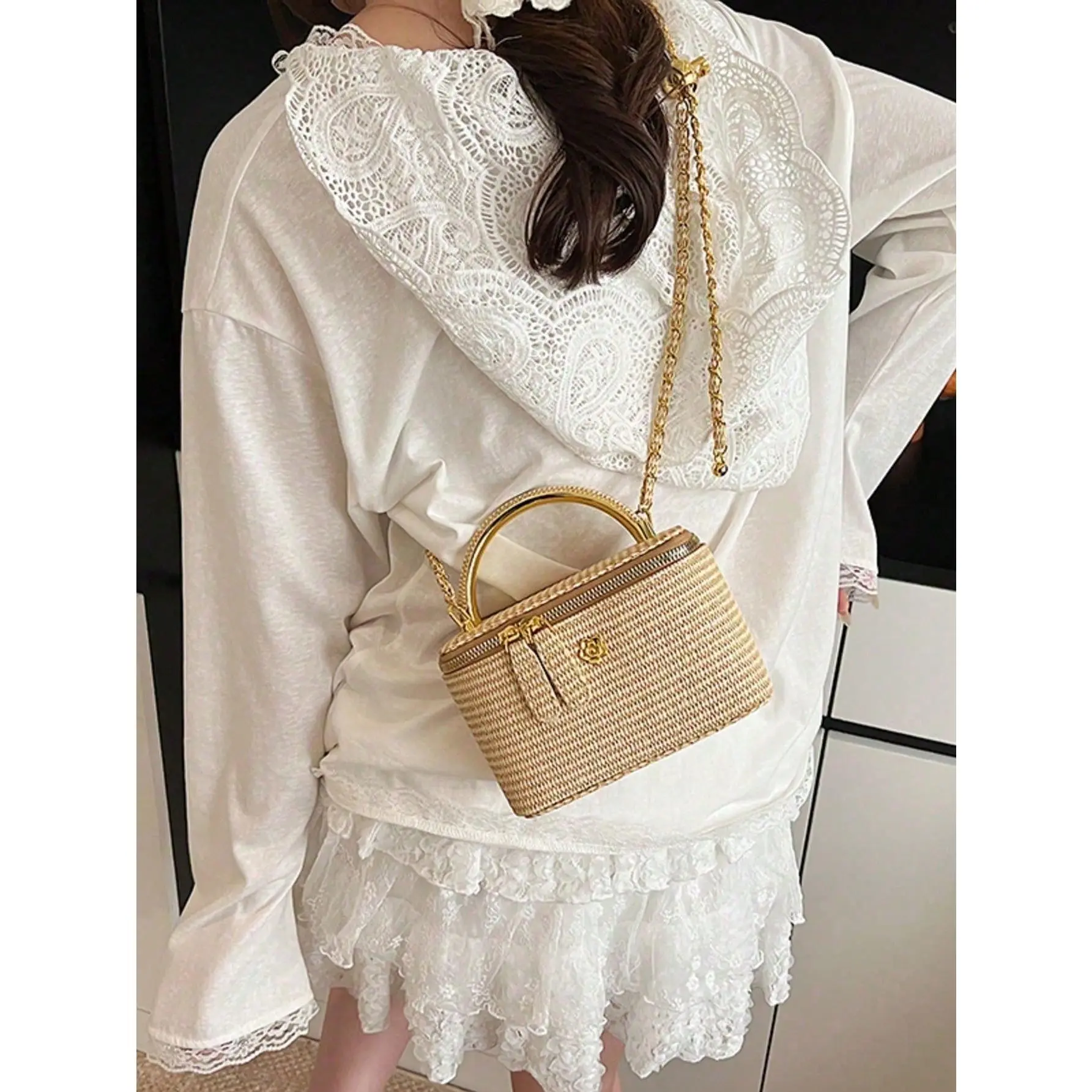 %1-Piece New Style Simple Casual Versatile Woven Straw Bag Lunch Box Small Bag Chain Shoulder Messenger Bag Holiday Season Hot Small Bag Shoulder Messenger Bag