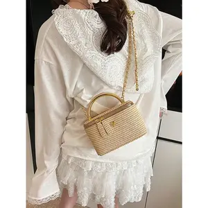 %1-Piece New Style Simple Casual Versatile Woven Straw Bag Lunch Box Small Bag Chain Shoulder Messenger Bag Holiday Season Hot Small Bag Shoulder Messenger Bag