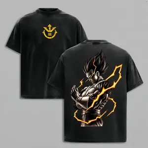 Vintage Washed Heavyweight Cotton Oversized Anime Graphic Tee Men Gym Pump Cover Saiyan Prince Lightning Aura Streetwear Manga Apparel Unisex Top Gift For Retro Japanese Faded Clothes Aesthetic Workout Bodybuilding T-Shirt Y2K Casual Gear