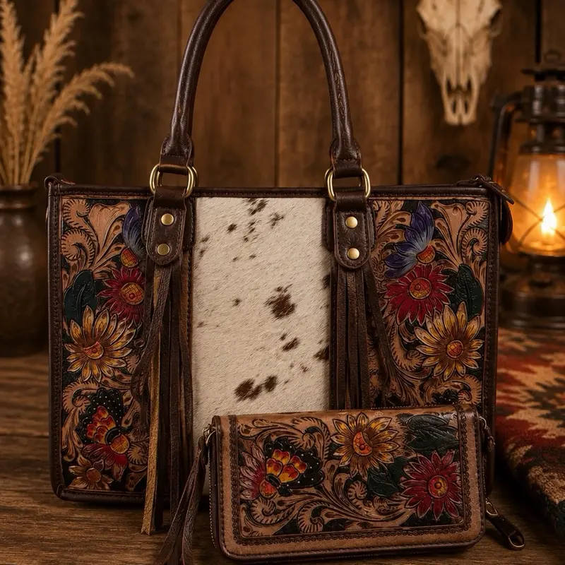 Cowhide Butterfly Flower Tooled Tote set