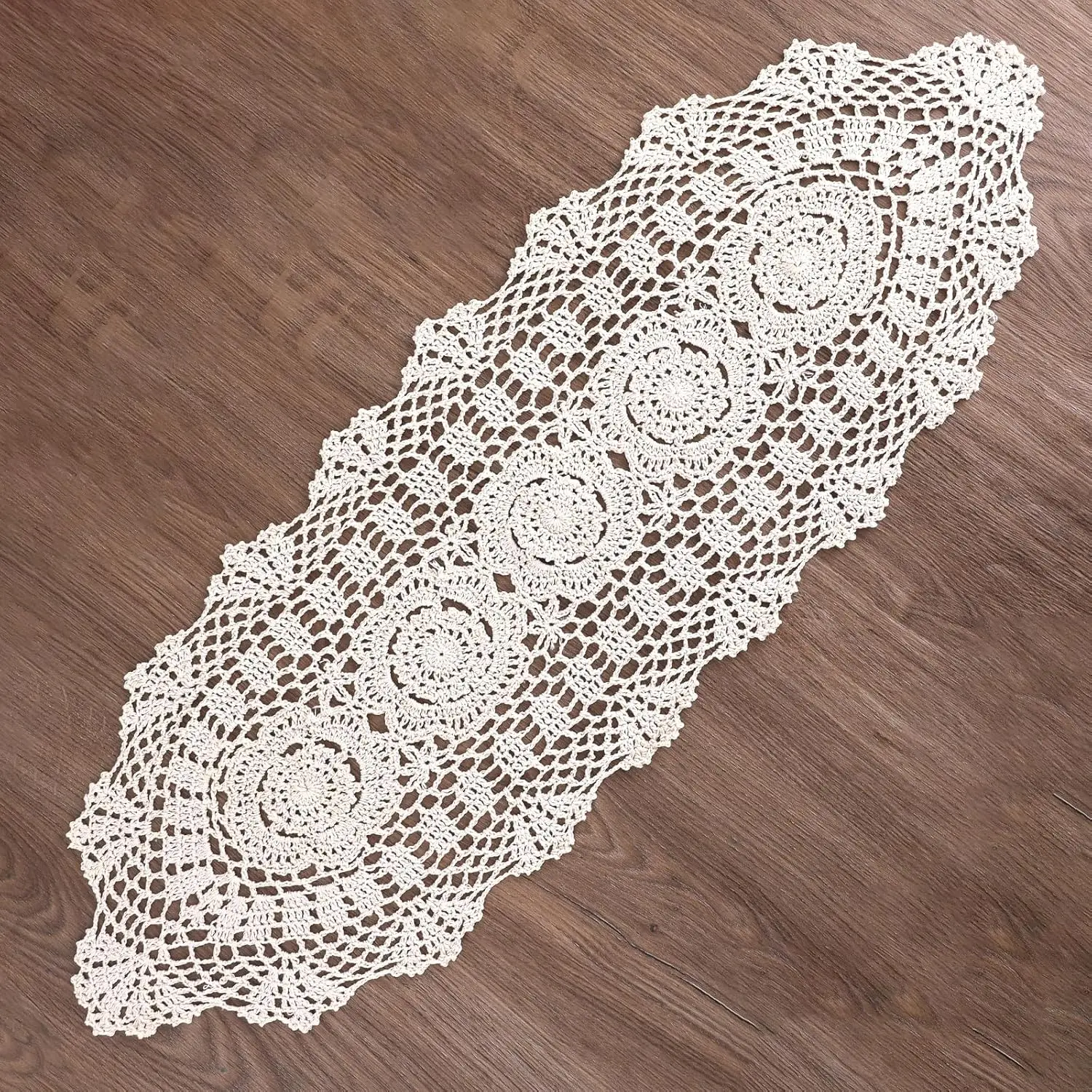 Oval Lace Table Runner Doilies Cotton Handmade Crochet Beige 12x31.5 inch Floral Placemats for Home Decor & DIY Projects