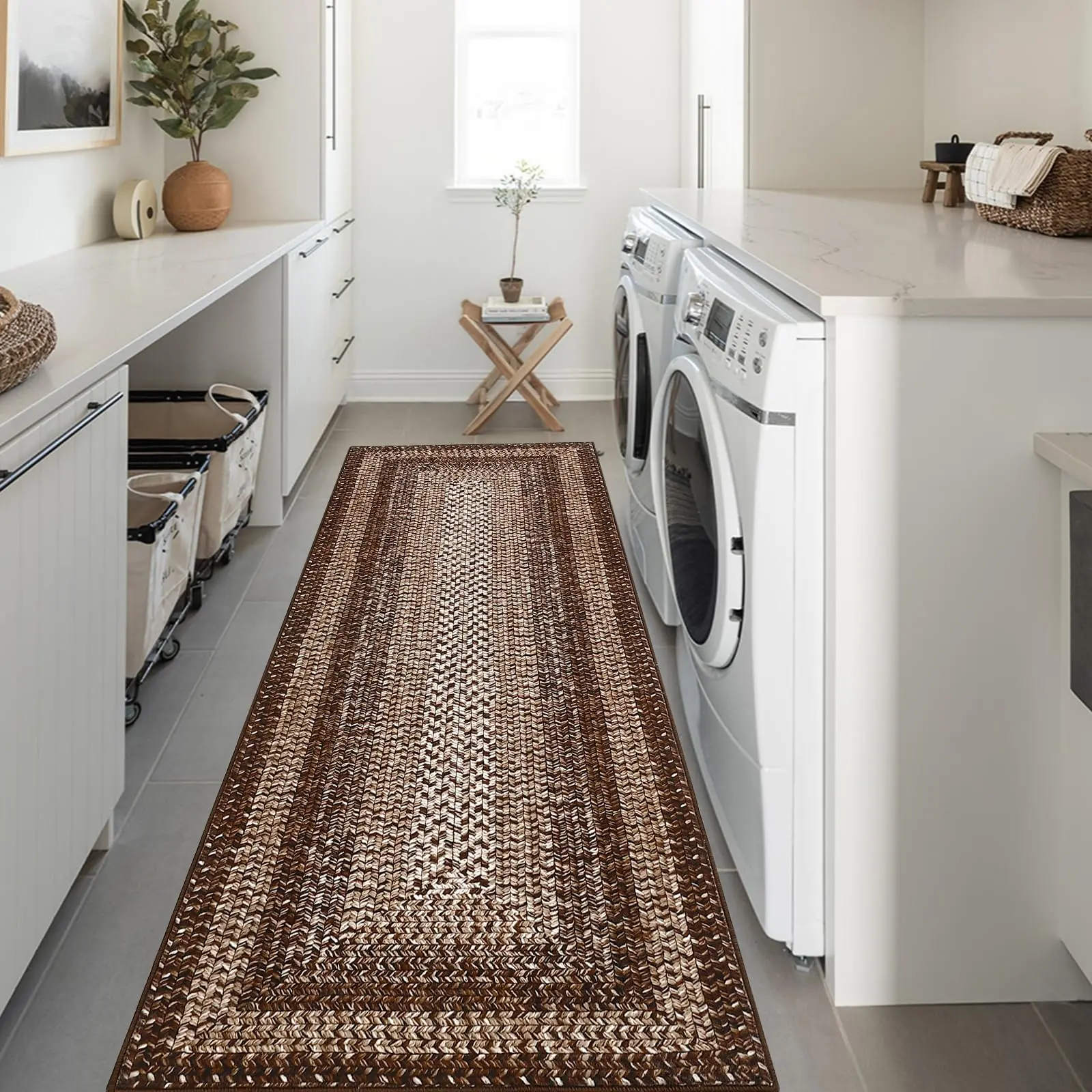 GARVEE Washable Runner Rug 2x10 Non-Slip Modern Hallway Rug For Living Room Entryway Stain Resistant Low Pile Carpet Runner For Bedroom Laundry Kitchen Mats Indoor Home Decor Brown