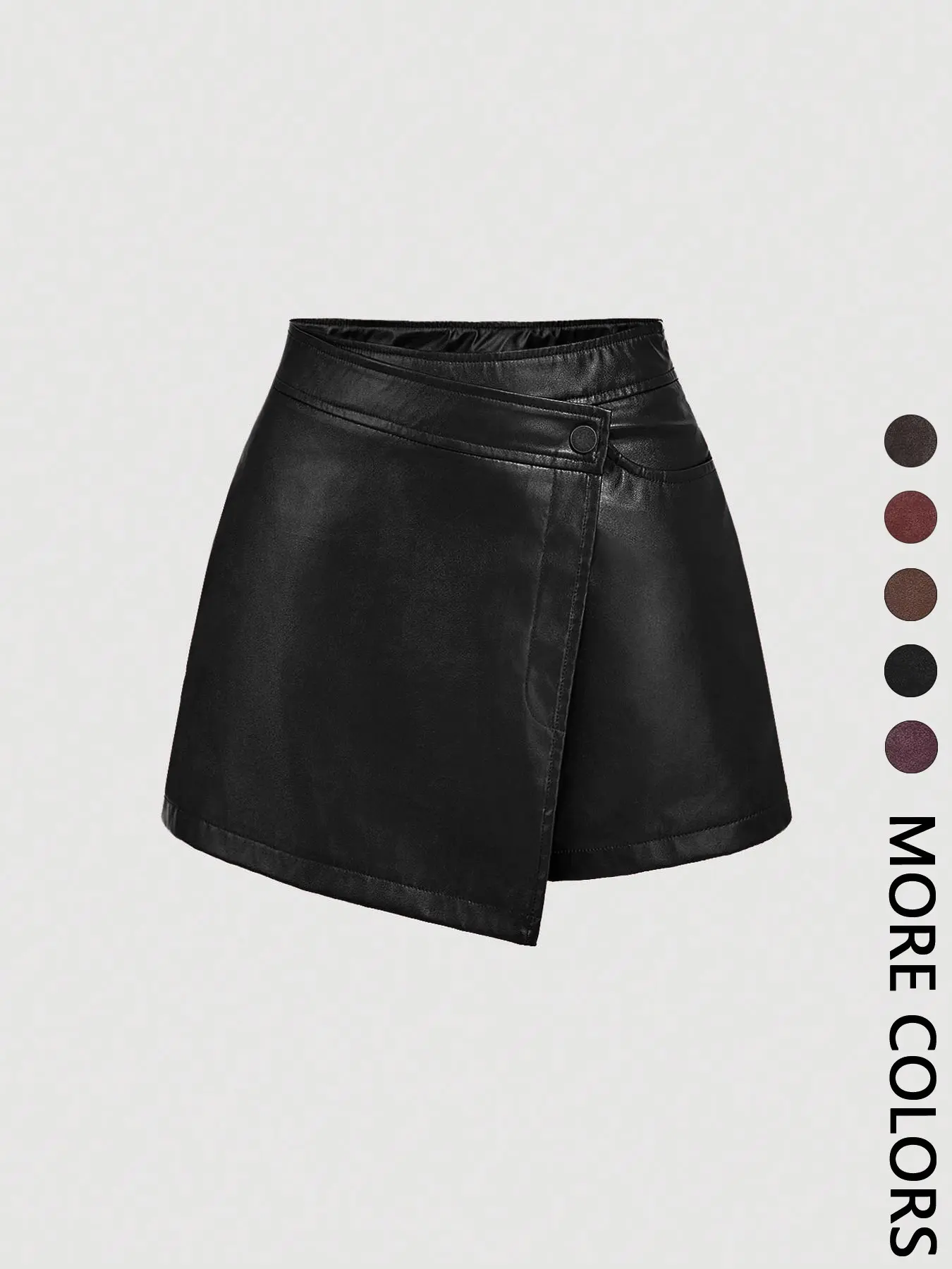 Women's Vintage Basic Solid Color Asymmetrical Hem PU Leather Womenswear Skort, Chic Minimalist Aesthetic High Waist Zipper Skort with Pocket, College Style 70s Retro Vibe Bottoms, Perfect for Date Nights, School and Office Skirts