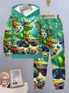 Boys' Dinosaur & Monster Truck 3D Print Hooded Sportswear Set, Long Sleeve Casual with Matching Pants, All Seasons, Hoodies