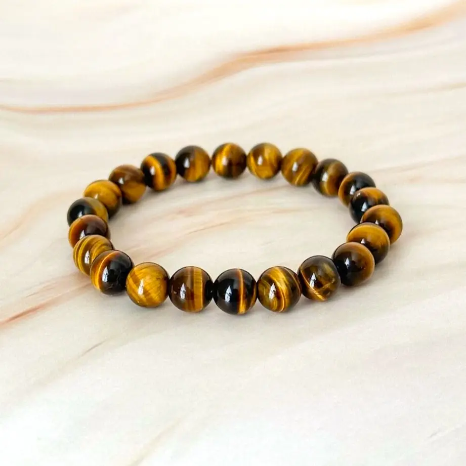 Tiger Eye Natural Gemstone Beaded Bracelet, Handmade Boho Chic Crystal Stretch Elastic Bracelet for Men and Women Daily Wear