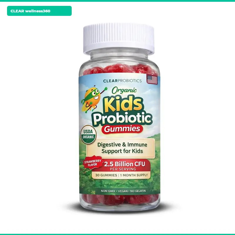 Clear Buddy Kids Probiotic Gummies, USDA Certified Organic Strawberry Flavor, 2.5 Billion CFU DE111 Bacillus subtilis, Plant-Based Daily Gummies to Support Kids’ Digestive Balance, Gut Health & Immune Function, 1 Gummy Per Day