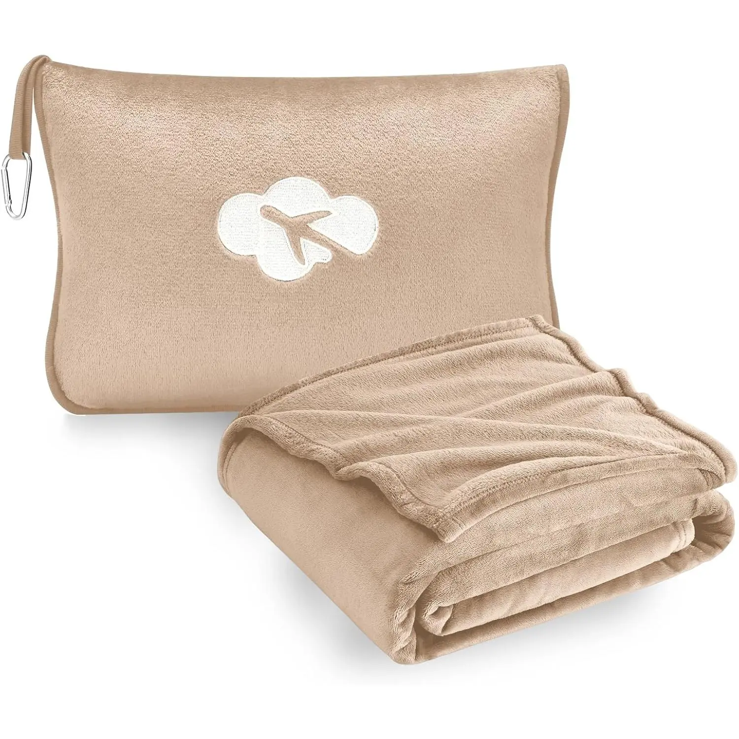 Travel Blanket and Pillow Compact,  Soft 2 in 1 Airplane Blanket with Soft Bag Pillowcase,Hand Luggage Sleeve and Backpack Clip (Brown)
