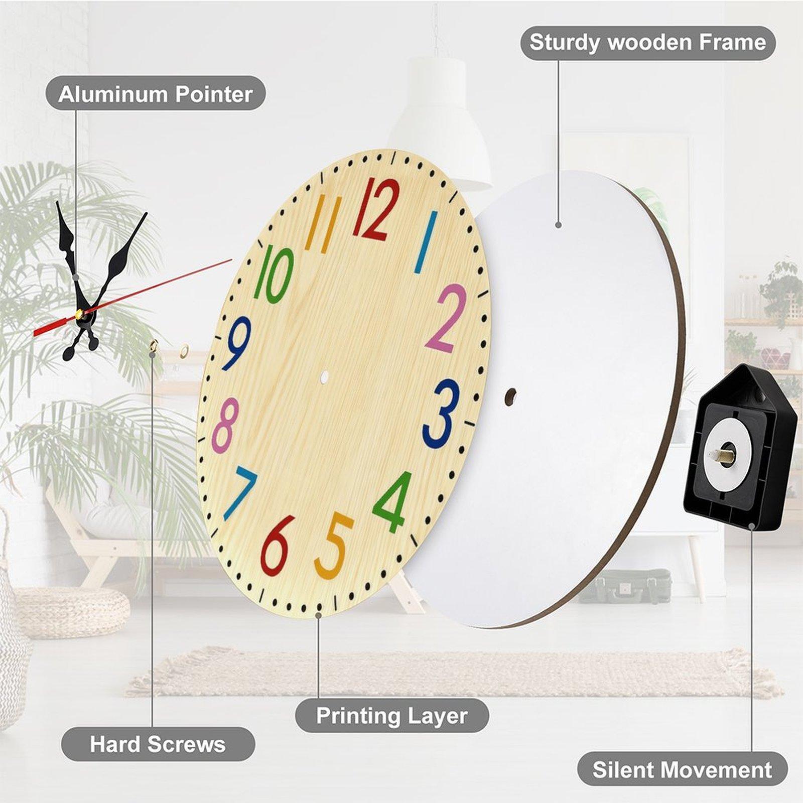 Rainbow Number Wood Wall Clock | 12in Silent Sweep Movement Montessori Learning Design, Battery Not Included, Ideal for Classroom, Homeschool, Kids Bedroom decor