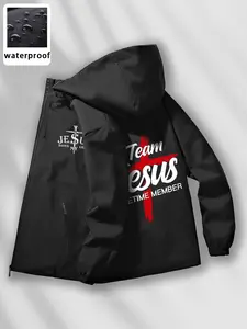 Trendy Waterproof Hooded Jacket, Team Jesus Cross Print Coat, Warm Windproof Breathable, Casual Fitted for City Walks, Leisure Gatherings