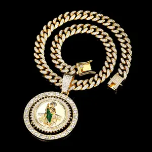 HOLDNEAR Men's Iced Out San Judas Tadeo Spinner Necklace 3-Piece Bling Jewelry Set, 20" Cuban Link Chain, Bracelet, Religious Protection Gift for Him, Men's Jewelry
