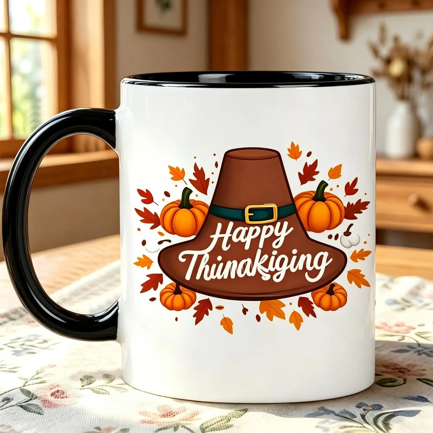 Pilgrim Hat Thanksgiving Mug 1pcs Happy Thanksgiving Light Brown Pilgrim Hat Green Buckle Orange Pumpkin Maple Leaf Watercolor Print 11oz Ceramic Mug Cozy Warm Gift for Family & Home Lovers