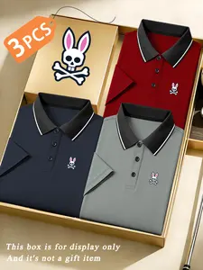 Men's Quick-Dry Polo Shirt Set, Skull Rabbit Print, Breathable Sporty Style, Lightweight Durable Fabric, All-Season Wear