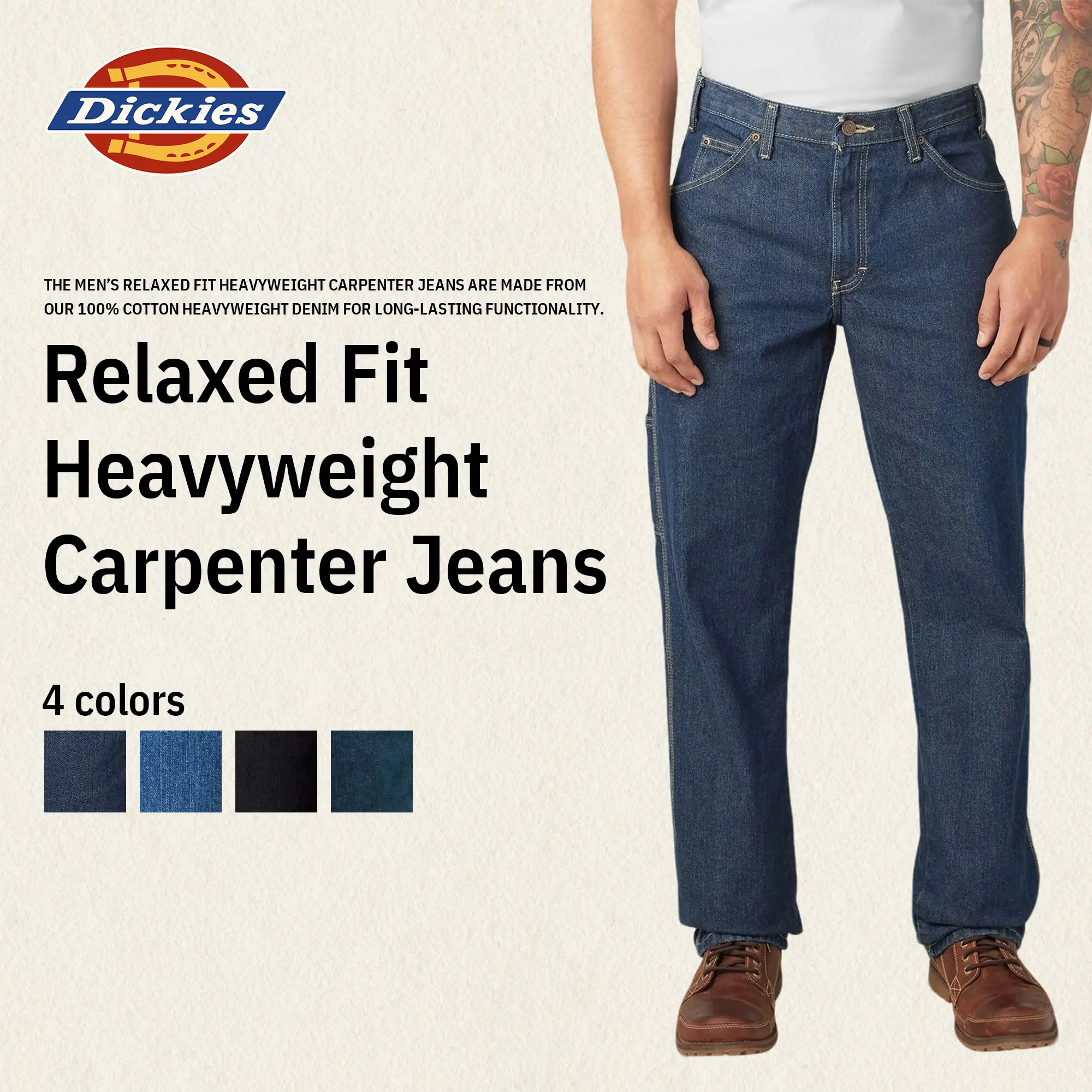 Dickies | Relaxed Fit Heavyweight Carpenter Jeans,100% Cotton, Utility Pockets, Hammer Loop, Durable Construction, Classic Workwear Style