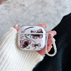 Blossom Butterfly Pattern TPU Soft Protective Case for Apple AirPods 4/3/2/1/Pro/Pro2 Transparent Earphone Cover with Keychain Attachment