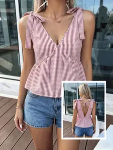 French Elegant Gingham Sleeveless Top, Deep V Neck Strap Bow, Back Tie Waist Cinch, Flowy Ruffle Hem, Casual Beach Vacation Tank